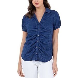 Single Thread Eyelet Knit Button Front Shirt Women's Size S Blue Puff Sleeves